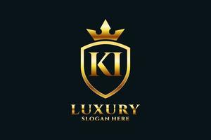 logotipo de monograma de luxo elegante inicial ki ou modelo de crachá com pergaminhos e coroa real - perfeito para projetos de marca luxuosos vetor