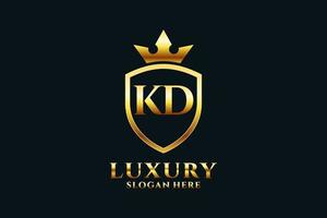 logotipo de monograma de luxo elegante kd inicial ou modelo de crachá com pergaminhos e coroa real - perfeito para projetos de marca de luxo vetor