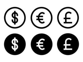 a moeda dólar euro libras em ícones de estilo moderno estão localizados em fundos brancos e pretos. o pacote tem seis ícones. vetor