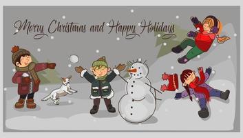 Feliz Natal. cartões postais com crianças que estão curtindo as férias de natal em clima de neve com uma paisagem de inverno. as crianças se divertem e brincam com a neve e na neve. vetor