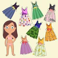 um conjunto de vestidos para uma menina. o encaixe do jogo. experimentando vestidos de verão para uma menina. impressão para jogos, ilustração infantil de livros, revistas. vetor