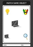 combinar com o mesmo laptop de jogo de objetos. planilha para crianças pré-escolares, folha de atividades para crianças vetor
