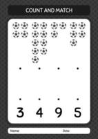 contar e combinar jogo com futebolball. planilha para crianças pré-escolares, folha de atividades para crianças vetor