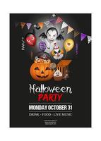 cartaz de paerty de halloween com balde de abóbora com doces e balões coloridos vetor