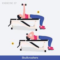 exercício de skullcrushers, fitness de treino de mulher, aeróbica e exercícios.