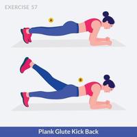 prancha glúteo retroceder exercício, fitness treino de mulher, aeróbica e exercícios. vetor