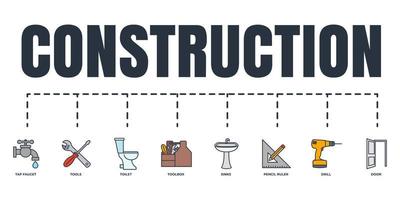 conjunto de ícones da web de banner de construção. vaso sanitário, torneira, ferramentas, caixa de ferramentas, furadeira, porta, lápis e régua, conceito de ilustração vetorial de pias. vetor