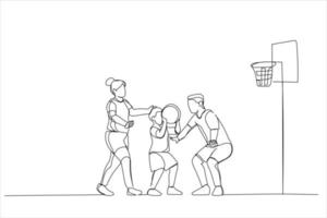 desenho de família jogando basquete juntos. estilo de arte de linha única vetor