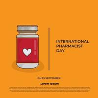 design de campanha do dia internacional do farmacêutico com caixa de remédios em design de embalagem vermelha vetor