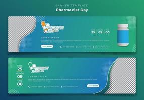 modelo de banner em fundo verde e azul de paisagem para design do dia do farmacêutico vetor