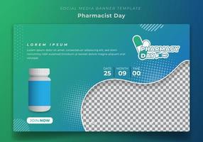 modelo de banner em fundo azul verde para design de campanha do dia do farmacêutico vetor