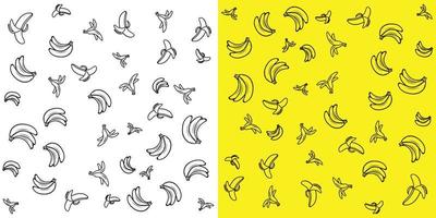 bananas de arte de linha em fundo amarelo e branco. ilustração em vetor pattern.banana doodle. ícone de produto alimentar de banana.