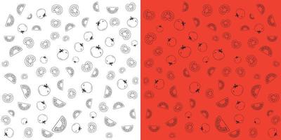 ilustração em vetor tomate doodle padrão. fatias de tomate isoladas em fundo vermelho e branco.