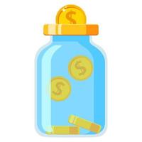 economizar dinheiro em moedas de vidro jar.gold caem em moneybox.vector illustration.coins stack.isolated no fundo branco. vetor