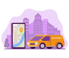 rastreamento de pedidos on-line service.online de entrega com o aplicativo de serviço map.delivery no smartphone. cidade skyline carga van.freight car.vector ilustração plana. vetor