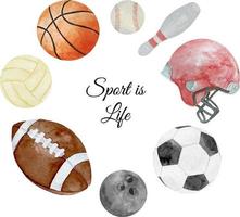 ilustração de esportes de bola em aquarela, clipart de esportes de bola. esporte é vida vetor