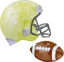 capacete de futebol americano amarelo aquarela e ilustração de bola isolada no fundo branco vetor