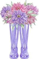 galochas roxas em aquarela com flores gerbera. Olá cartão de outono. botas de borracha de jardim floral com ilustração de flores e folhas. vetor