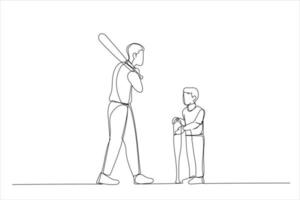 desenho de pai ensinando seu filho a jogar beisebol. estilo de arte de linha contínua única vetor