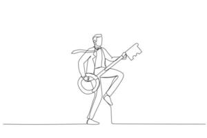 desenho animado do empresário de sucesso segurando a chave como guitarra dançando com liberdade. metáfora para desenvolvimento de negócios ou carreira, liderança e motivação para auto-aperfeiçoar. estilo de arte de linha contínua única vetor