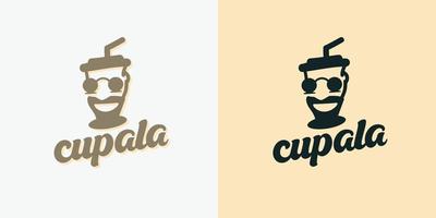 chefe do design do logotipo da copa. divertido pintor de conceito ou cabeça de artista em forma de xícara de café vetor