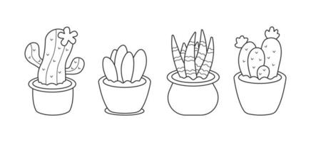 conjunto de cactos fofos e plantas de casa. coleção de vasos de plantas e cactos em estilo de desenho linear preto. ilustração vetorial isolada no fundo branco vetor