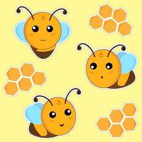 abelhas engraçadas com favos de mel em um fundo amarelo. as abelhas têm emoções diferentes e ângulos diferentes vetor