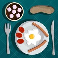 café da manhã com café e geleia, ovos mexidos, salsichas e tomate vetor