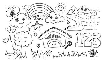 ilustração em vetor de doodle bonito para criança, conjunto desenhado à mão de doodles bonitos para decoração em fundo branco.