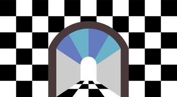 interior do túnel com fundo e piso de xadrez. ilustração vetorial de estilo psicodélico vetor