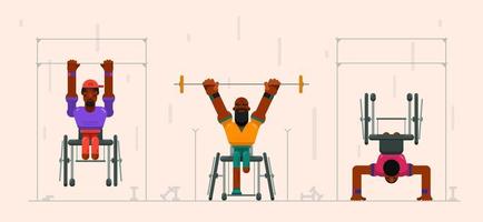 três caras afro-americanos com deficiência praticam esportes. ilustração vetorial feita de formulários simples. vetor