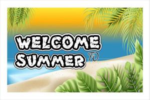 design de vetor de saudação de verão. texto de verão bem-vindo em fundo de praia de areia com objetos de temporada tropical para piquenique ao ar livre de férias de férias. ilustração vetorial.