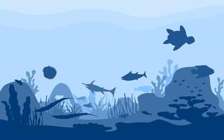 ilustração de vida subaquática. mundo submarino com animais oceânicos e fundo de silhueta de recifes de corais vetor