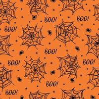 padrão de vetor sem costura teia de aranha. símbolo de halloween - teia de aranha pegajosa com inseto, texto de vaia. contorno preto, esboço simples isolado em fundo laranja. ilustração para decoração de férias, impressão de arte
