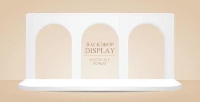 exibição de pano de fundo branco mínimo de três arcos no piso de cor bege e fundo de parede vetor de ilustração 3d para colocar seu objeto