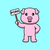 porco bonitinho segurando a ilustração de ícone dos desenhos animados da placa de carne de porco. conceito de desenho animado plano vetor