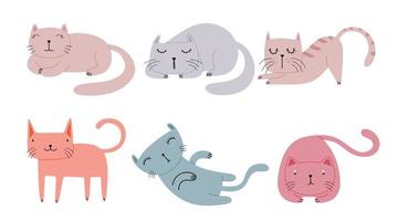 Grupo de gatos bonitos com cores diferentes do vetor dos desenhos animados  isolado caracteres