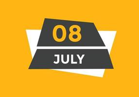 lembrete de calendário de 8 de julho. 8 de julho modelo de ícone de calendário diário. modelo de design de ícone de calendário 8 de julho. ilustração vetorial vetor
