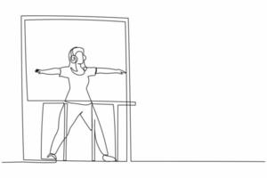 uma linha contínua desenhando uma jovem saudável com fone de ouvido pratica ioga perto da janela na varanda. atividade esportiva, treino, exercício, fitness, dentro de casa. ilustração vetorial de desenho de linha única vetor