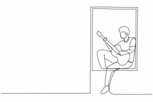 contínuo um jovem de desenho de linha senta-se no parapeito da janela tocando violão e cantando música. descanso, ficar em casa, vida humana, relaxamento, conforto, romântico. ilustração gráfica de vetor de design de linha única