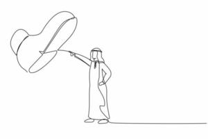 contínuo um desenho de linha empresário árabe corajoso enfrentando contra pisotear sapatos gigantes. gerente masculino apontando contra o passo do pé gigante. metáfora mínima. ilustração gráfica de vetor de design de linha única