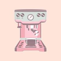 máquina de café rosa com uma xícara de café em técnica plana em um fundo bege vetor