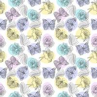padrão botânico sem costura com borboletas, folhas tropicais e flores de hibisco na técnica doodle vetor