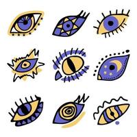 conjunto de cor boho mão desenhada mágica olhos doodle mal. coleção de formas diferentes de olho esotérico, olho de gato, espiral, estrelas, ilustração vetorial de elementos da lua vetor