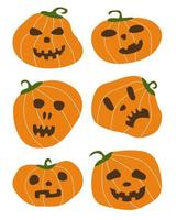 conjunto de abóboras de cor de halloween de formas simples. abóboras laranja de medo assustador de estilo simples com olhos escuros e ilustração vetorial de boca vetor