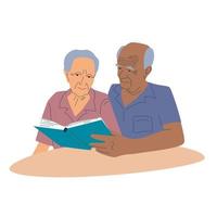 casal sênior sentado perto da mesa, homem careca e idosa lendo um livro e passando tempo juntos ilustração do vetor