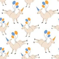 lhama de festa de aniversário em um boné voa no padrão perfeito de balões com alpacas de lamas engraçadas para capa, papel de embrulho, ilustração vetorial de fundo vetor