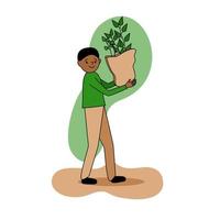 conceito ecológico, um homem de pele escura caminha e carrega um pacote com plantas jovens nas mãos, pessoas felizes cuidam da natureza eco, pôster de paz verde, elemento de design r ilustração vetor