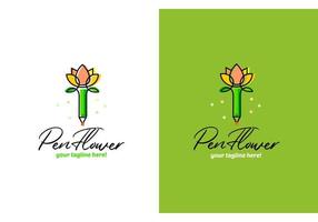 logotipo na forma de uma caneta para escrever e uma flor. logo para papelaria infantil vetor