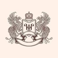 brasão heráldico com escudo com duas fênix em estilo vintage vetor